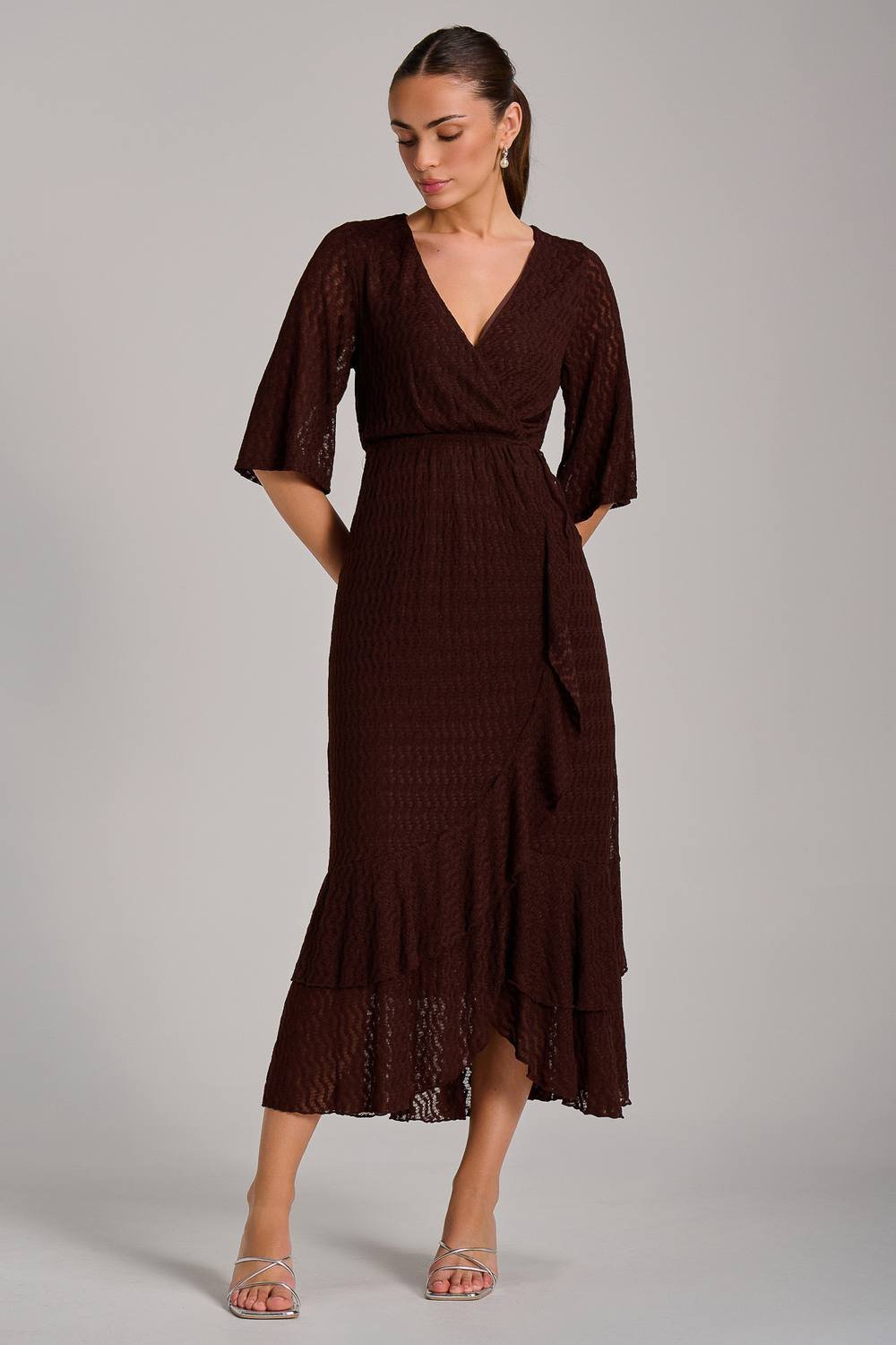 Jolie Moi Jolie Moi Women's Textured Ruffle Hem Knitted Maxi Dress in Brown - 2