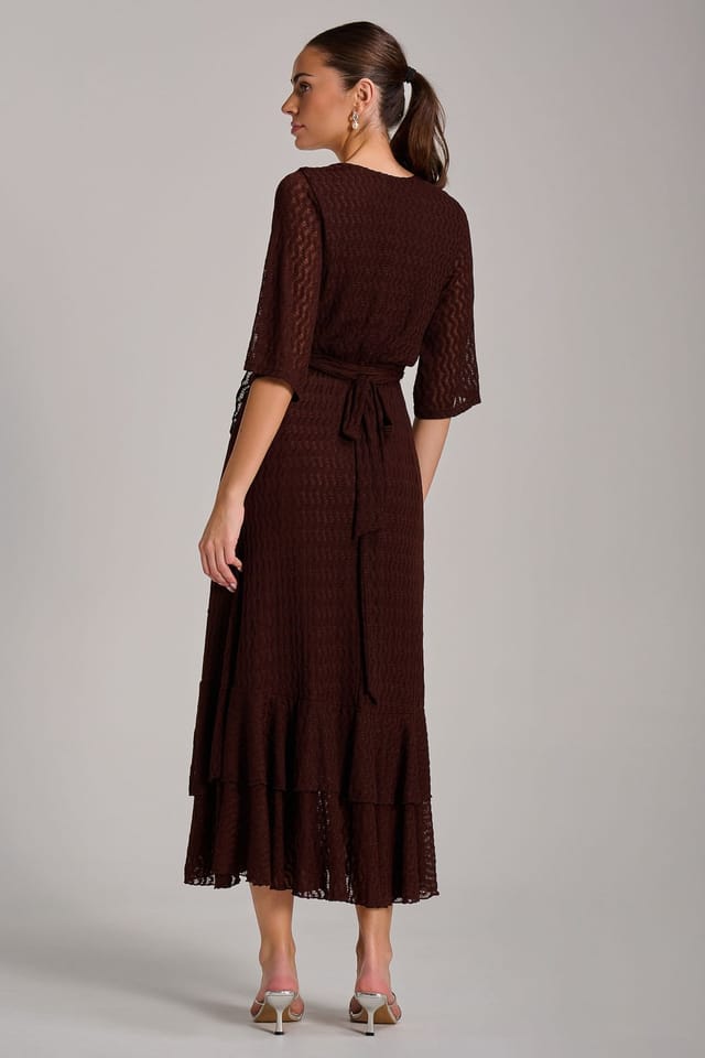 Jolie Moi Jolie Moi Women's Textured Ruffle Hem Knitted Maxi Dress in Brown - 2
