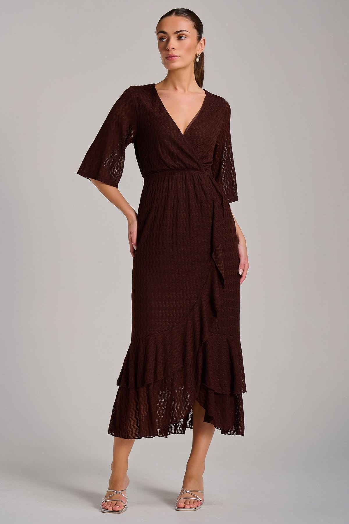 Jolie Moi Jolie Moi Women's Textured Ruffle Hem Knitted Maxi Dress in Brown - 4