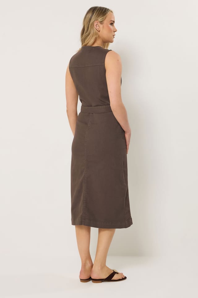Long Tall Sally Long Tall Sally Women's Tall Zip Front Denim Midi Dress in Chocolate - 3