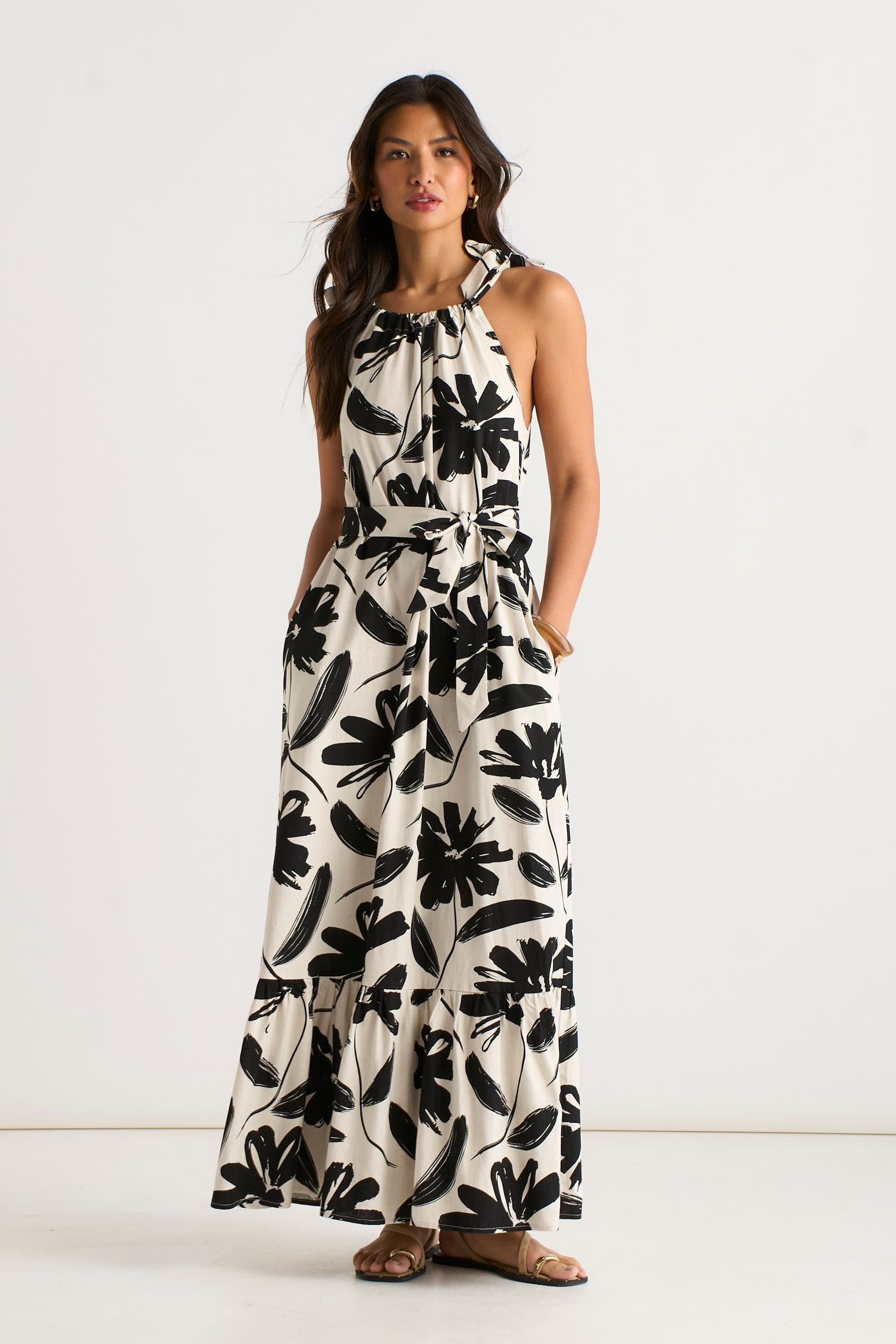 Gini London Gini London Women's Mono Stencil Linen Mix Belted Trapeze Dress in Black