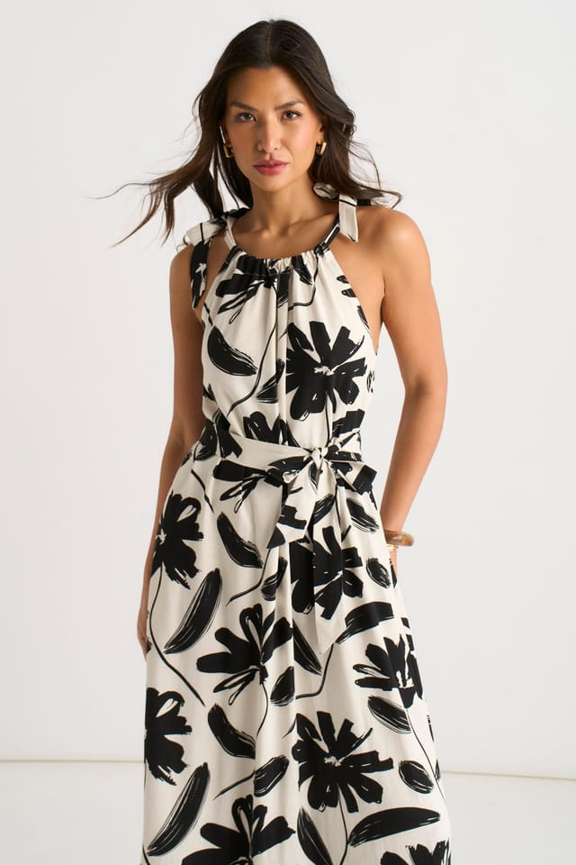 Gini London Gini London Women's Mono Stencil Linen Mix Belted Trapeze Dress in Black - 2