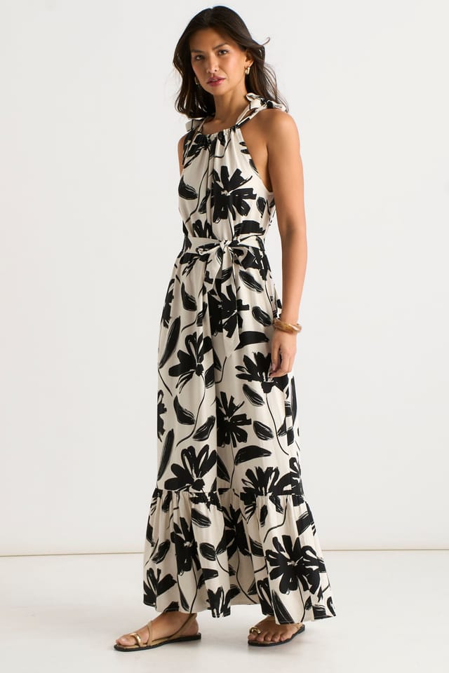 Gini London Gini London Women's Mono Stencil Linen Mix Belted Trapeze Dress in Black - 3