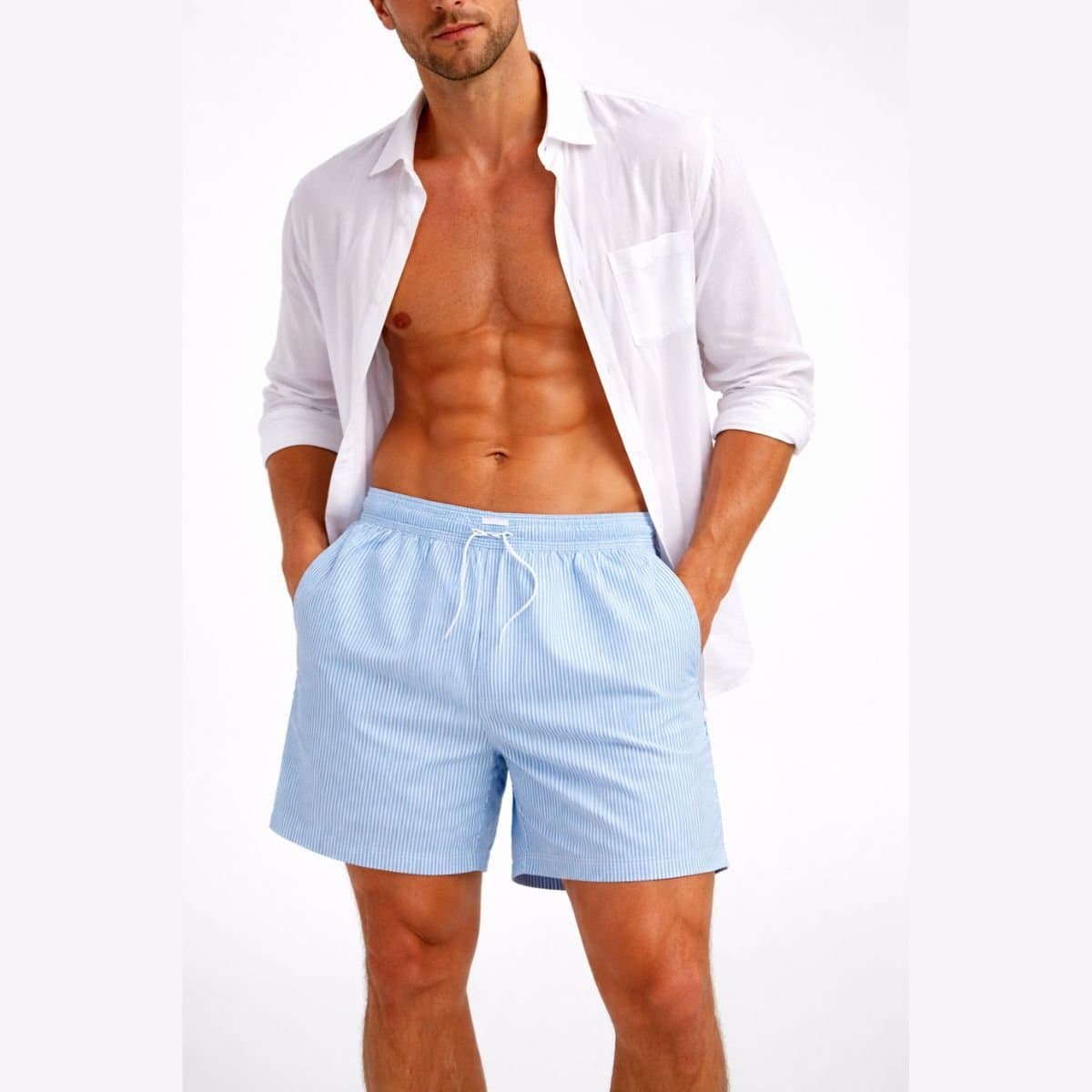 Panos Emporio Panos Emporio Men's Seersucker swimshorts in blue & white fine stripe & front tie in Baby Blue