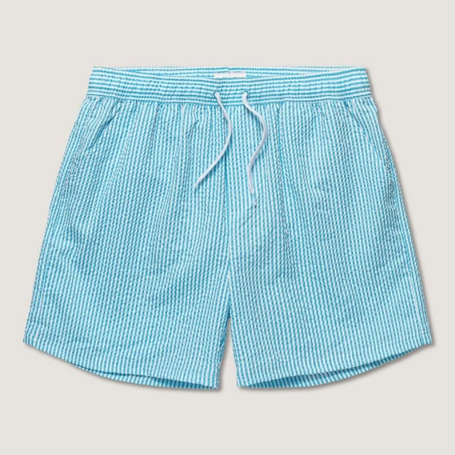 Panos Emporio Panos Emporio Men's Seersucker swimshorts in blue & white fine stripe & front tie in Baby Blue - 2