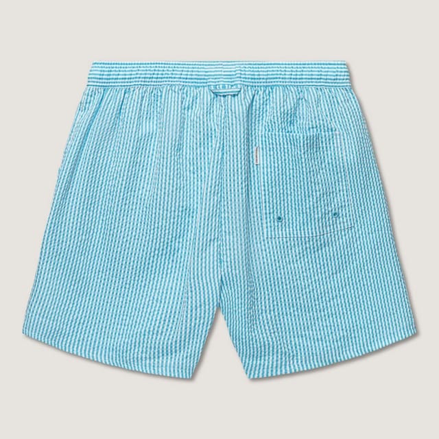 Panos Emporio Panos Emporio Men's Seersucker swimshorts in blue & white fine stripe & front tie in Baby Blue - 3