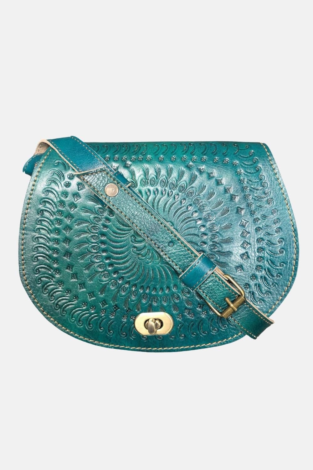 Berber Leather Berber Leather Women's 'The Temara' Embossed Leather Saddle Bag in Teal