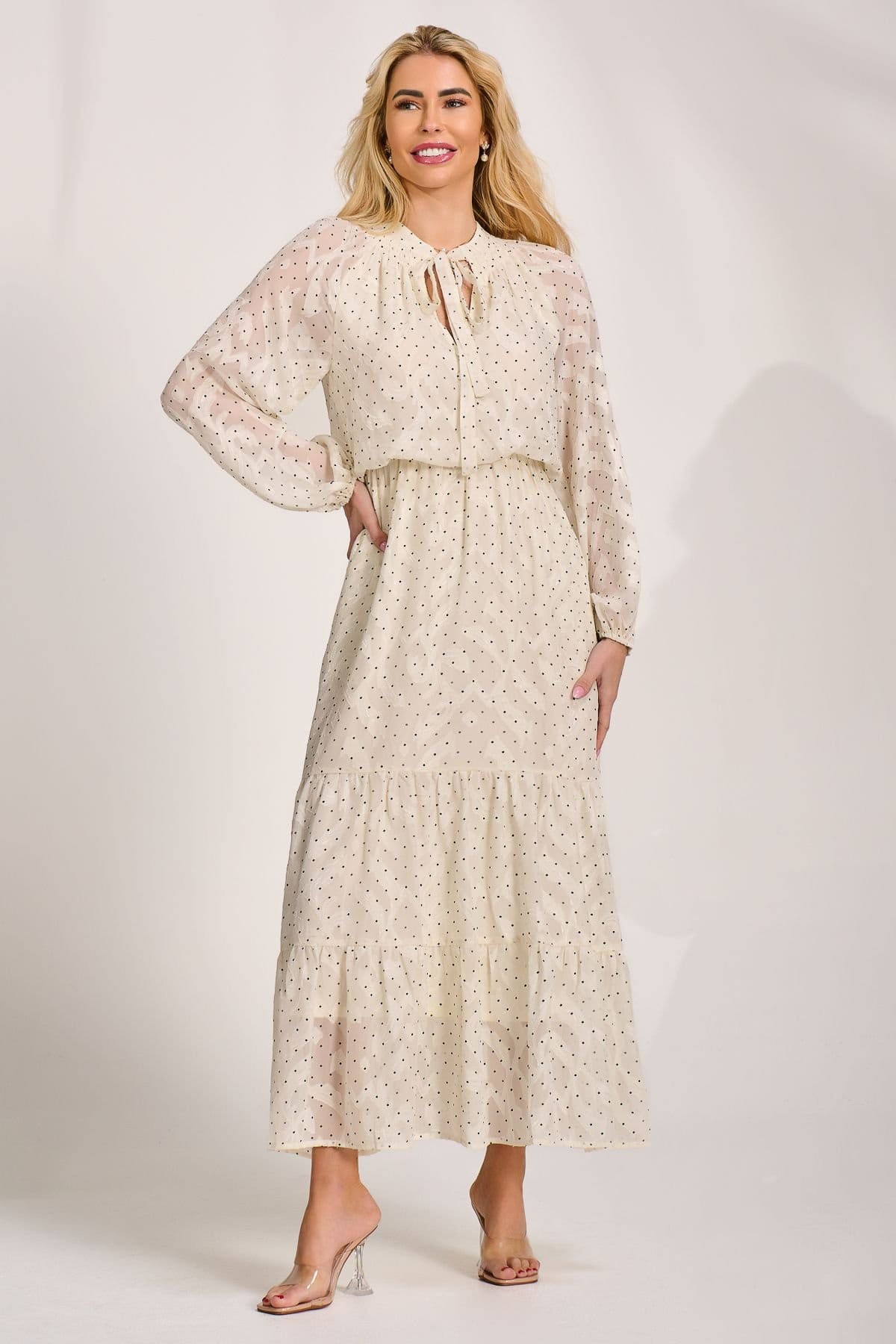 Jolie Moi Women's Textured Chiffon Long Sleeve Maxi Dress in Cream