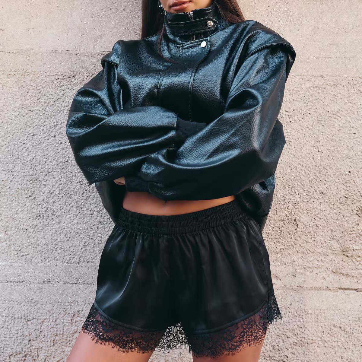 EGO Low Rise Lace Trim Mini Shorts In Black Satin, Women's Size UK 6