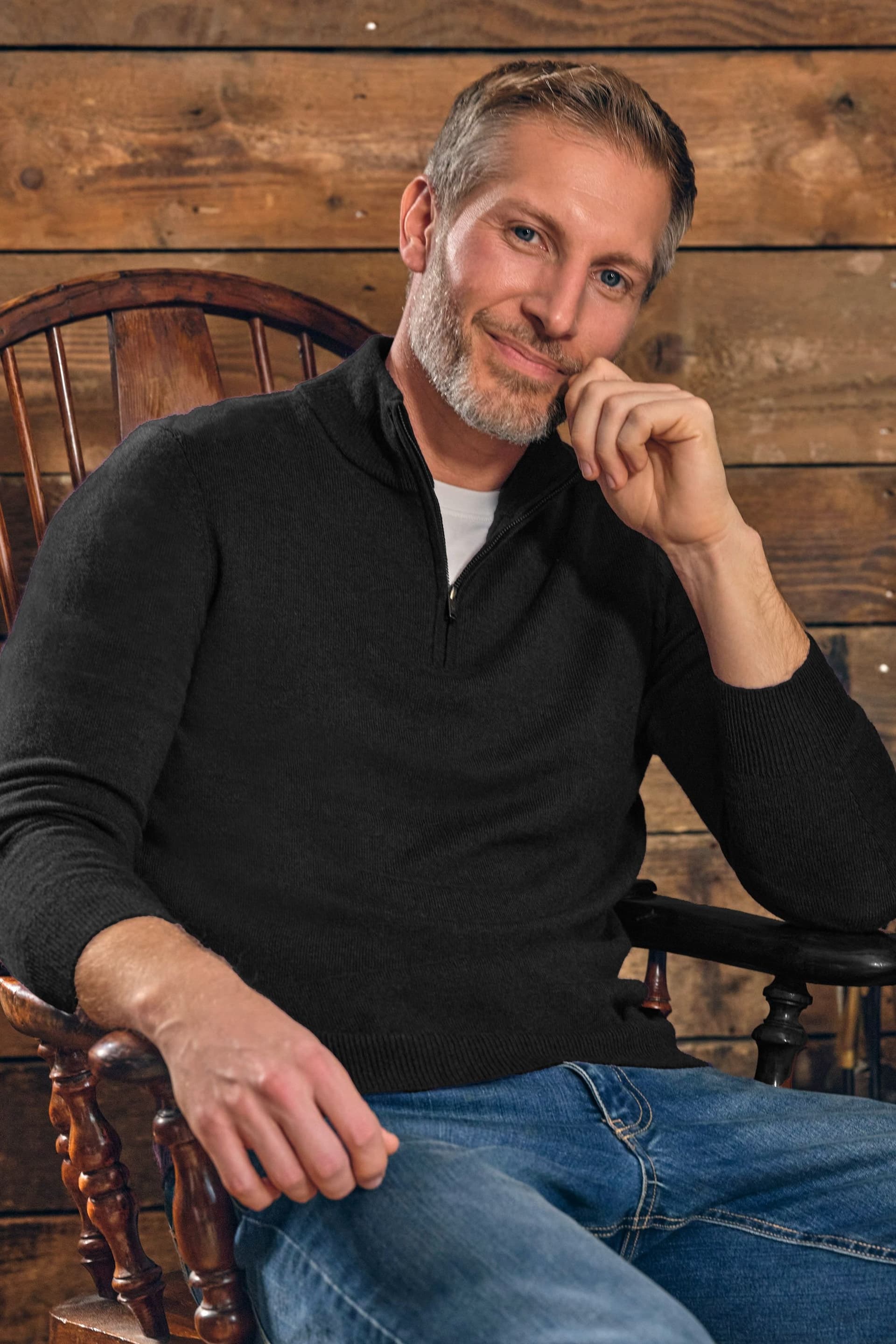 WoolOvers WoolOvers Men's Mens Cashmere & Merino Zip Neck Jumper in Black