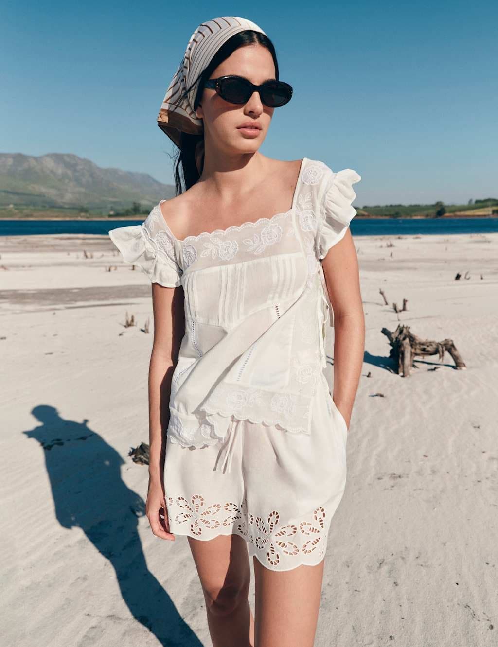 Marks & Spencer M&S Pure Cotton Lace Bib Detail Embroidered Top Soft White