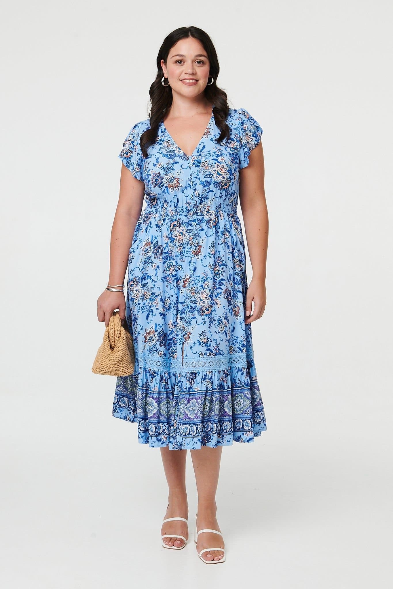 Izabel London Izabel London Women's Curve Floral Cap Sleeve Lace Midi Dress in Blue