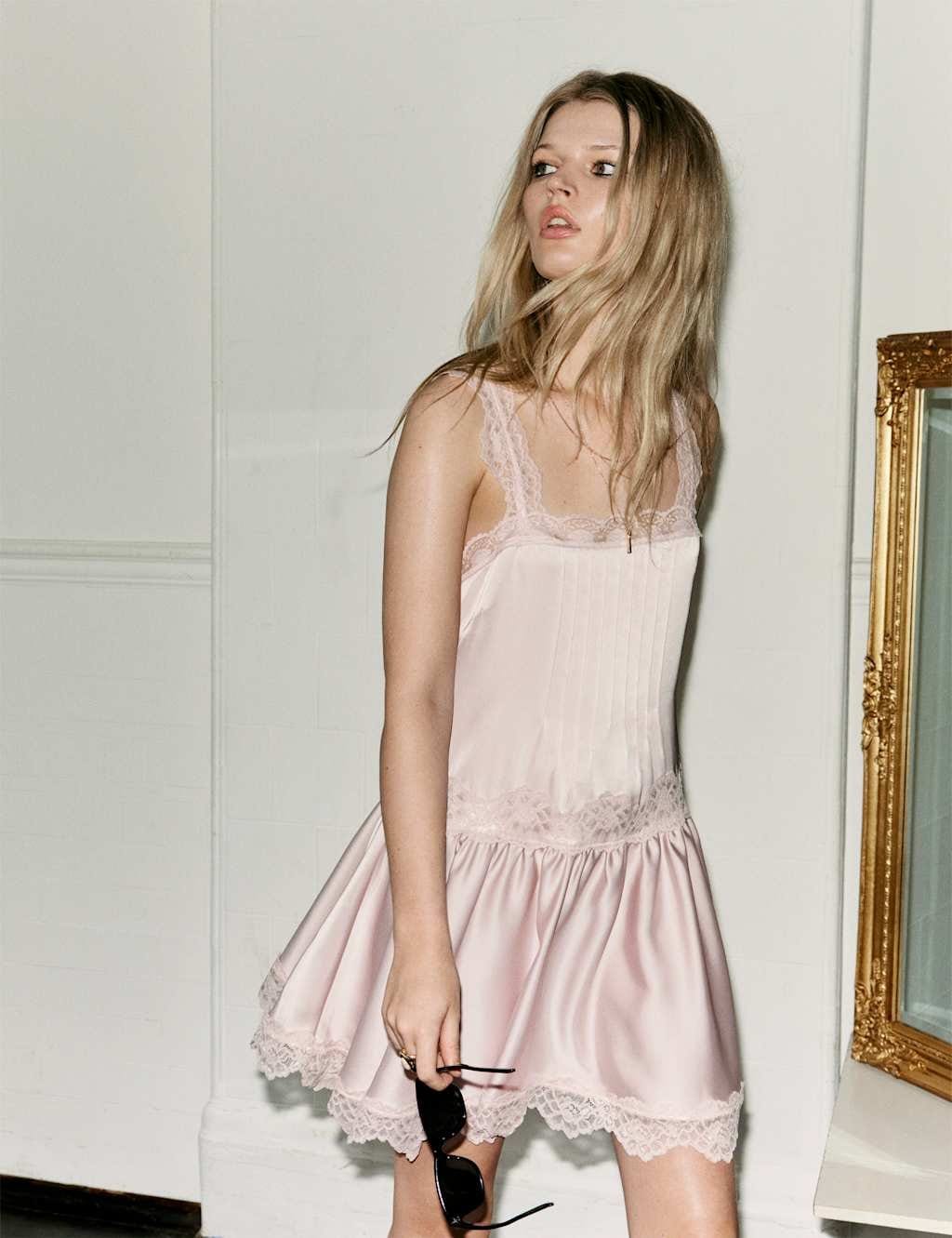 M&S Soft Pink Satin Lace Skater Dress