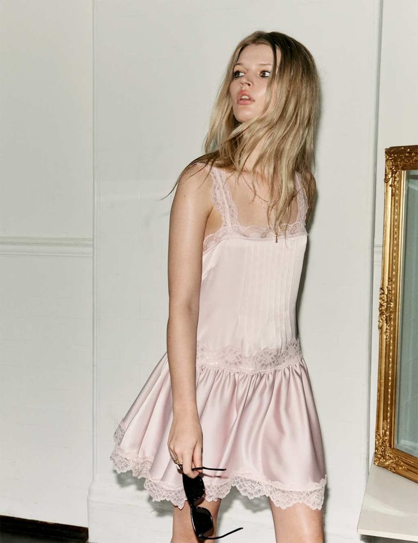 Marks & Spencer M&S Satin Lace Insert Mini Skater Dress Soft Pink - 1