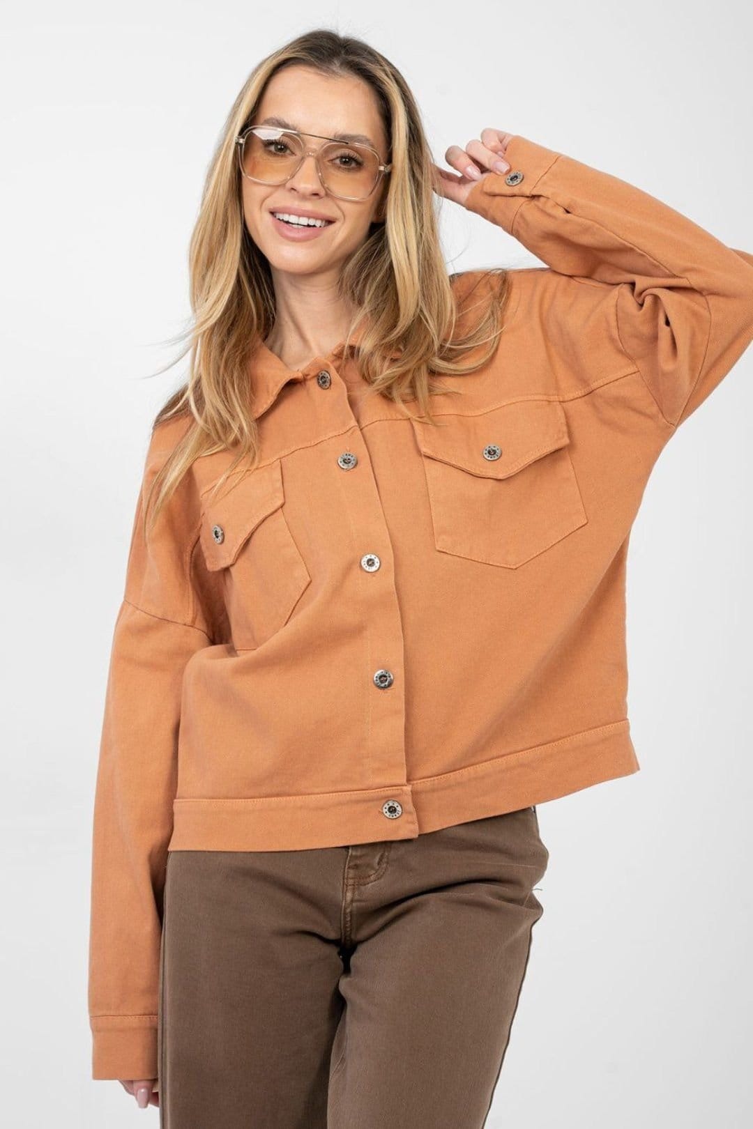 Love Lace Love Lace Women's Classic Cotton Denim Jacket with Pockets in Orange - 4