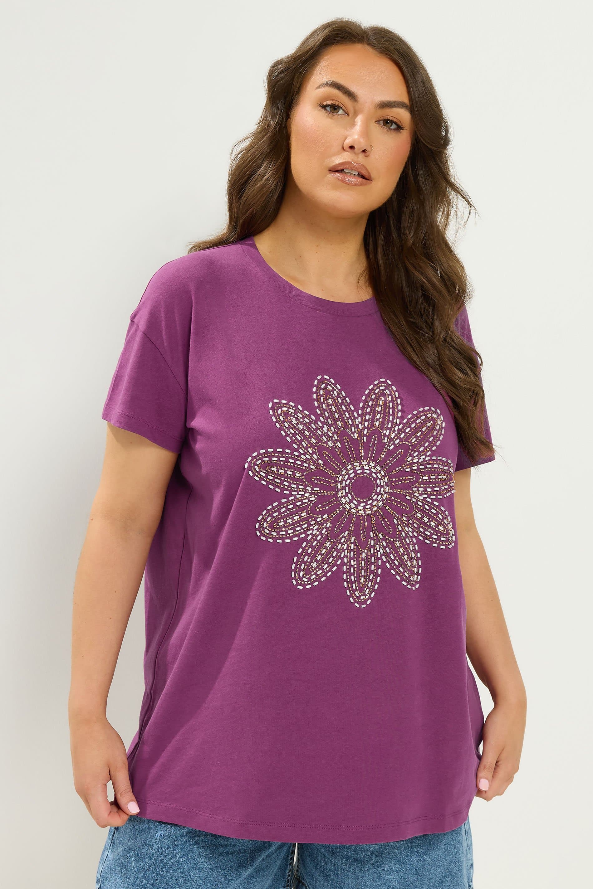 Yours Plus Size Purple Beaded Daisy Tshirt