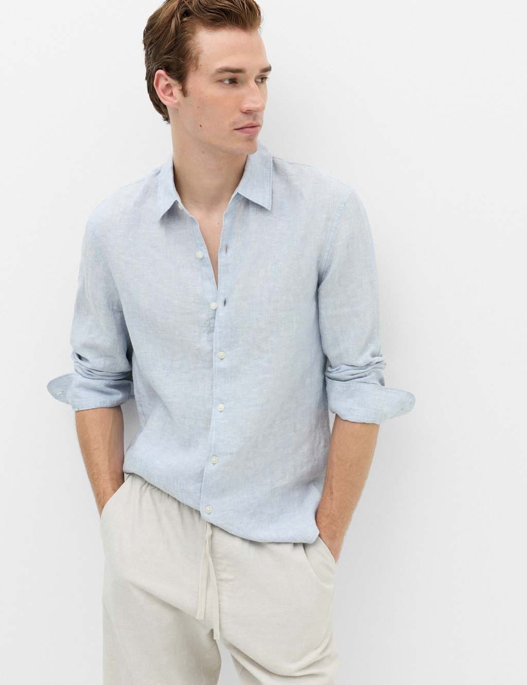 Marks & Spencer M&S Slim Fit Pure Linen Shirt Light Chambray