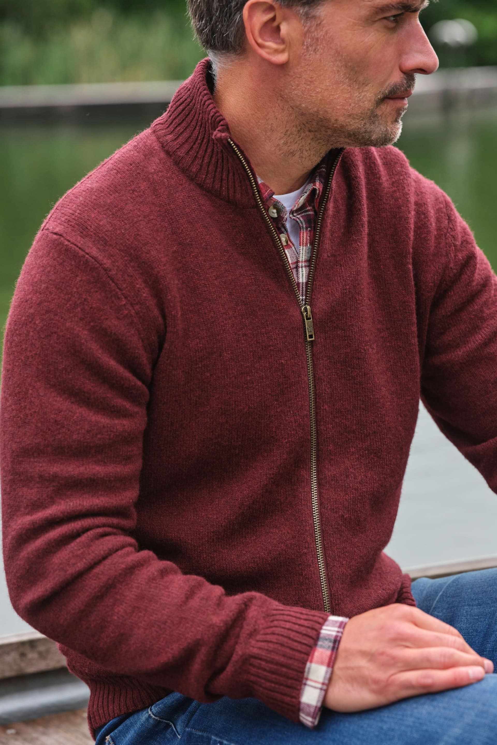 WoolOvers WoolOvers Men's 100% Wool Lincoln Zipper Cardigan in Dark Red