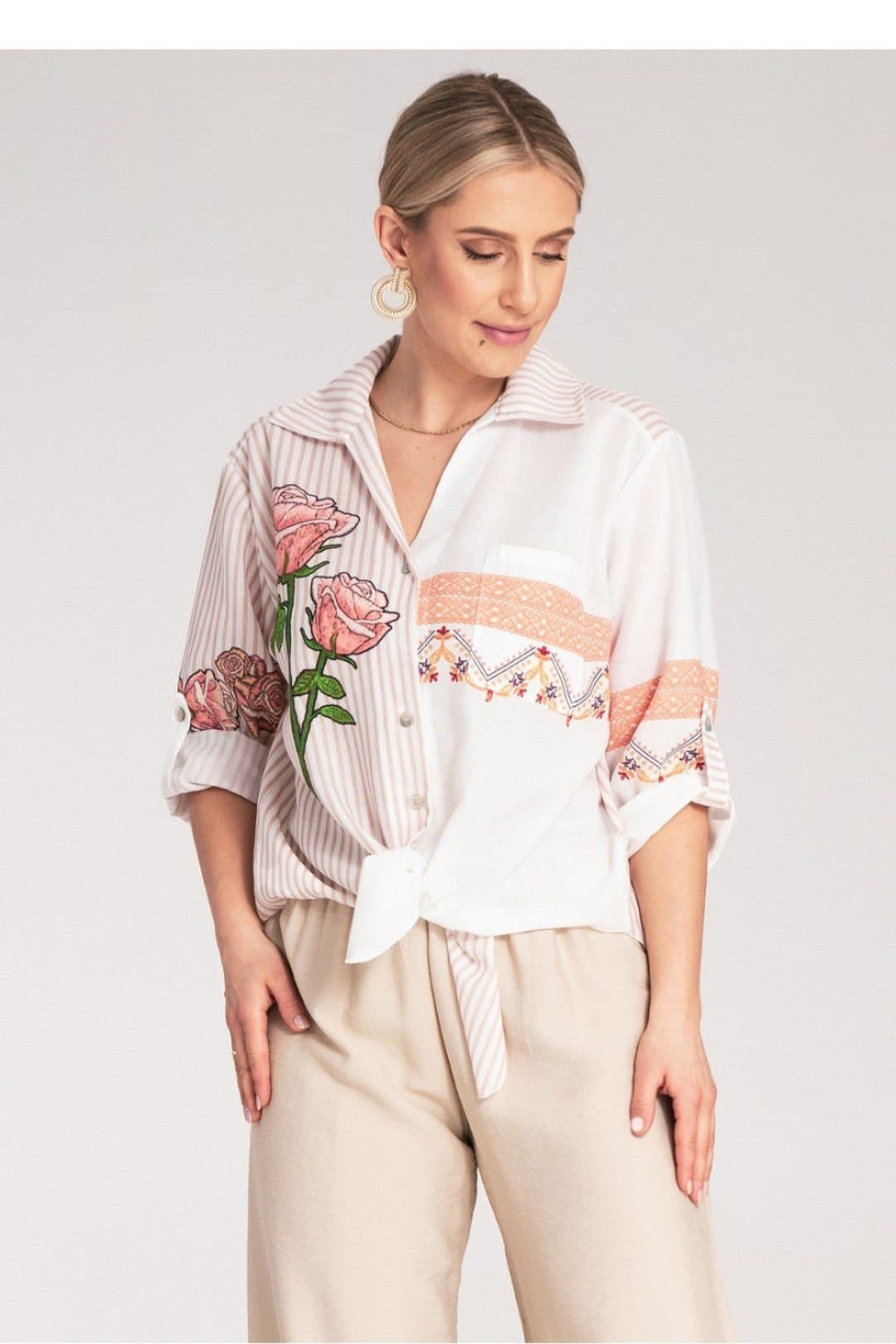 Love Lace Love Lace Women's Asymmetrical Stripe Floral Ethnic Shirt Tie Hem in White