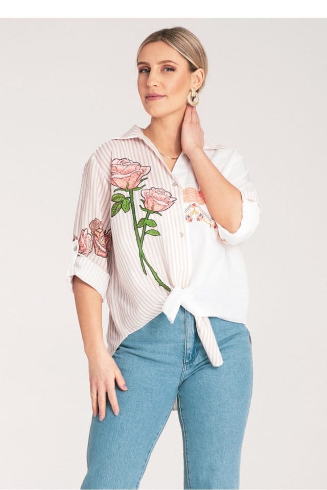 Love Lace Love Lace Women's Asymmetrical Stripe Floral Ethnic Shirt Tie Hem in White - 2