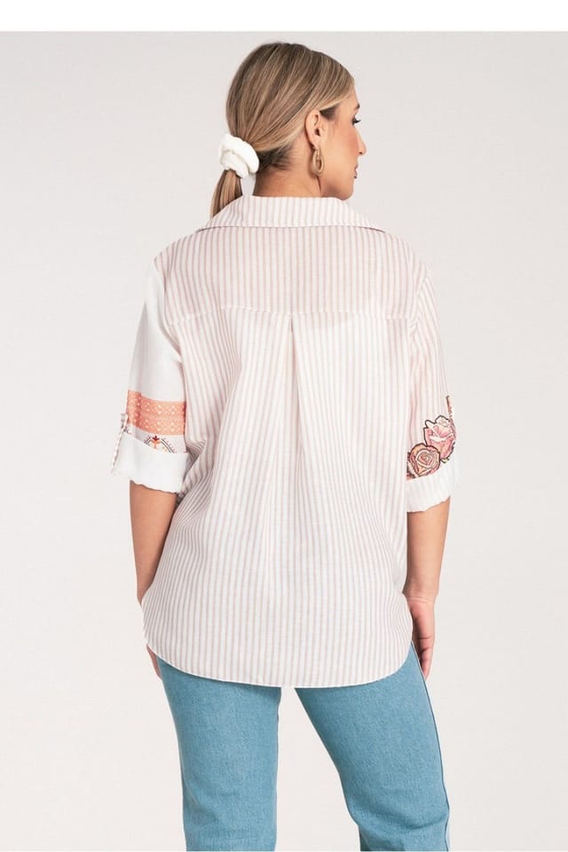 Love Lace Love Lace Women's Asymmetrical Stripe Floral Ethnic Shirt Tie Hem in White - 3