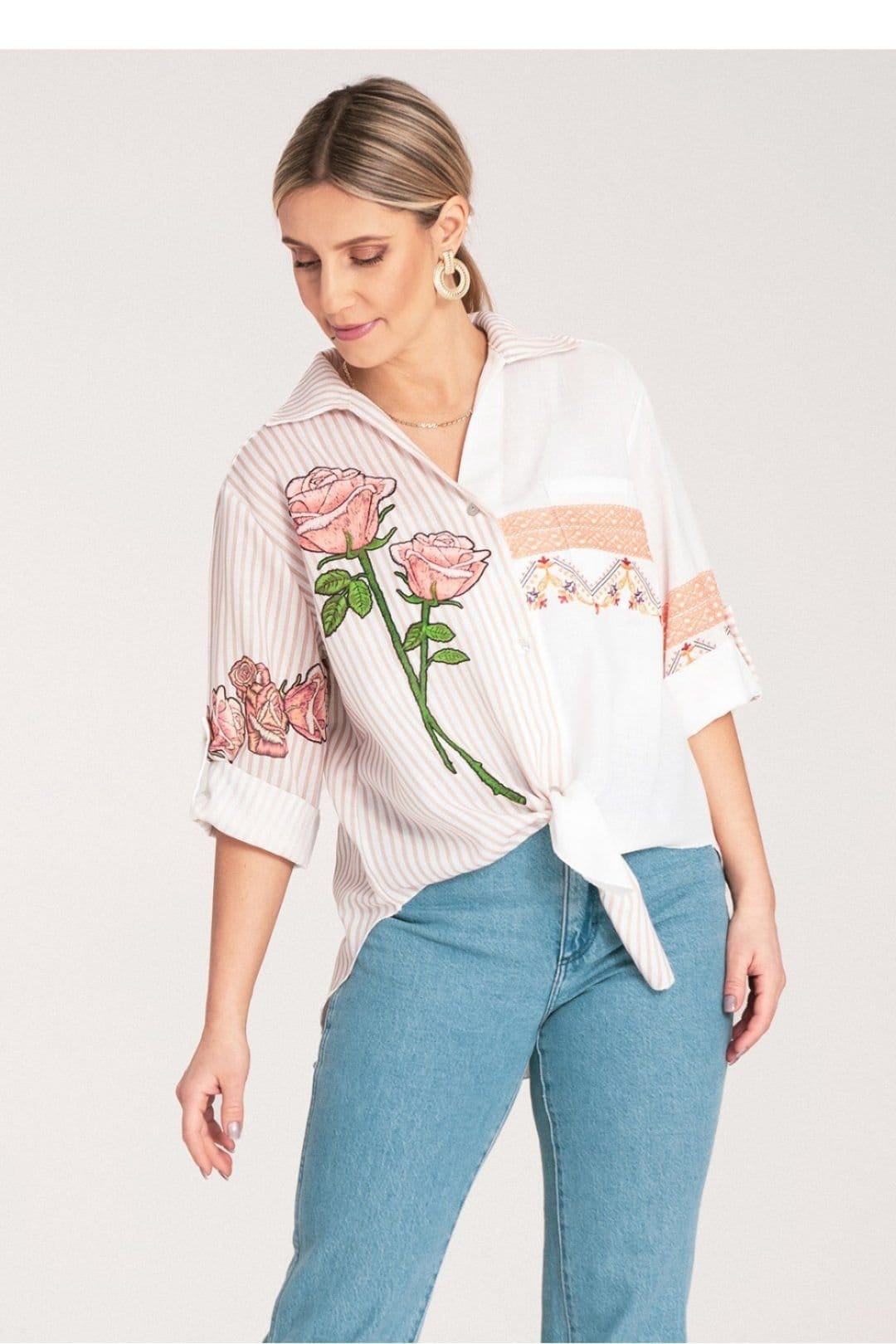 Love Lace Love Lace Women's Asymmetrical Stripe Floral Ethnic Shirt Tie Hem in White - 4