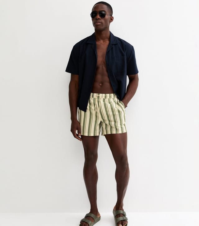 New Look Men's Green Regular Striped Drawstring Swim Shorts New Look - 3