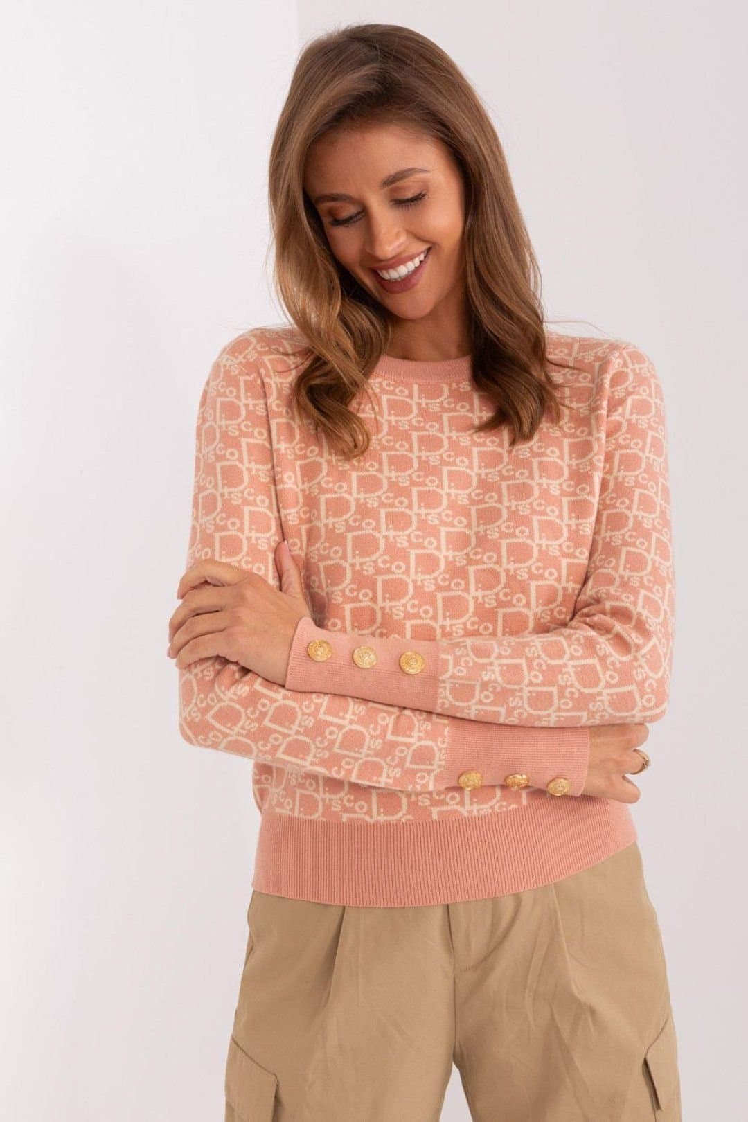 Love Lace Love Lace Women's Round Neck Printed Sweater with Button Cuffs in Pink
