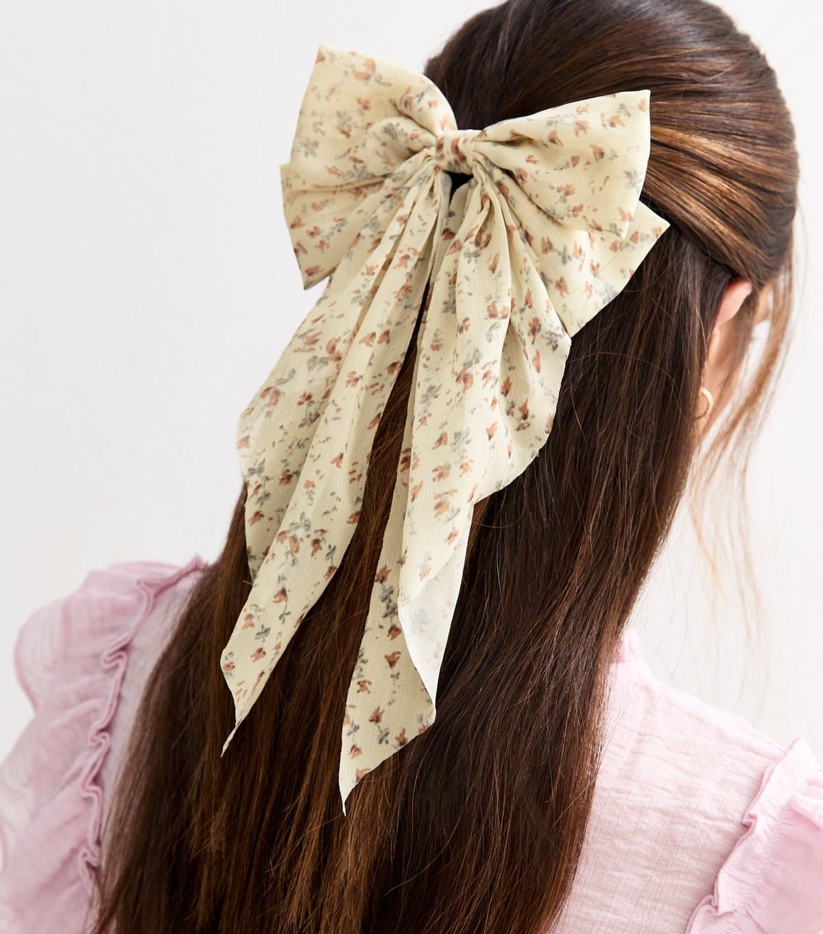 New Look Cream Floral Print Chiffon Bow Hair Slide New Look
