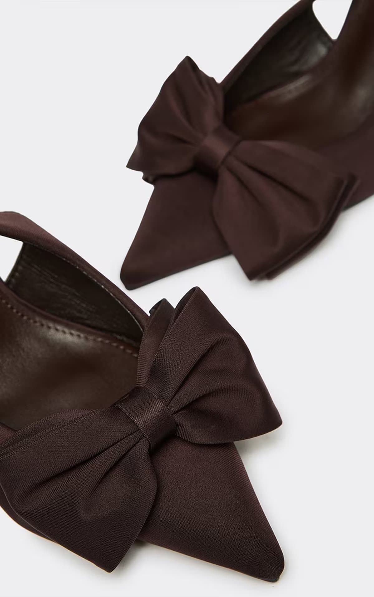 EGO Cordelia Bow Detail Pointed Toe Slingback Court Heel In Brown Satin, Women's Size UK 4