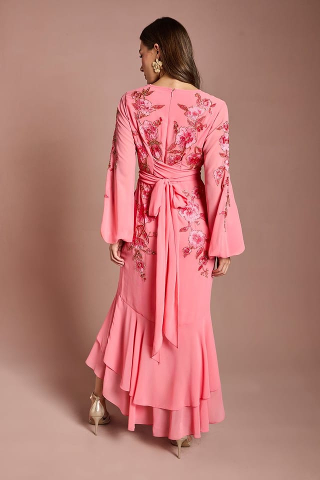 Coast Coast Women's Sequin Embellished & Embroidered High Low Maxi Dress in Coral - 3