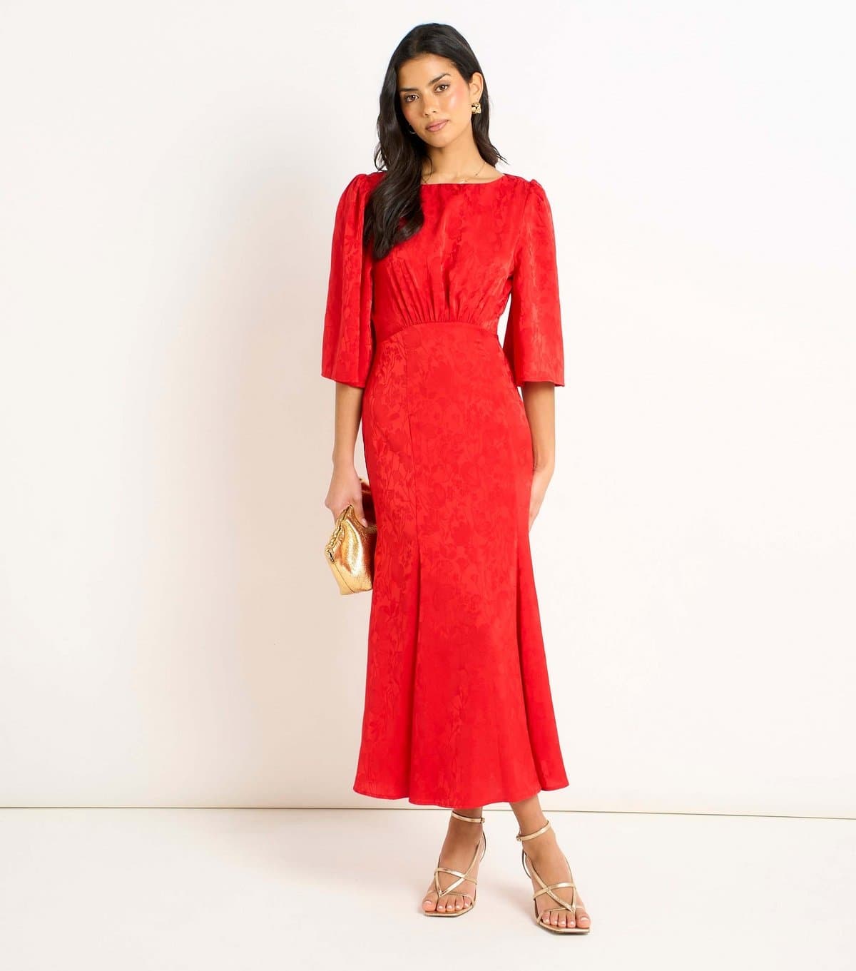 Gini London Women's Bright Red Floral Jacquard Satin Midi Dress Gini London New Look