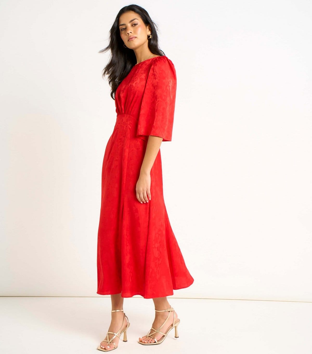 Gini London Women's Bright Red Floral Jacquard Satin Midi Dress Gini London New Look - 4