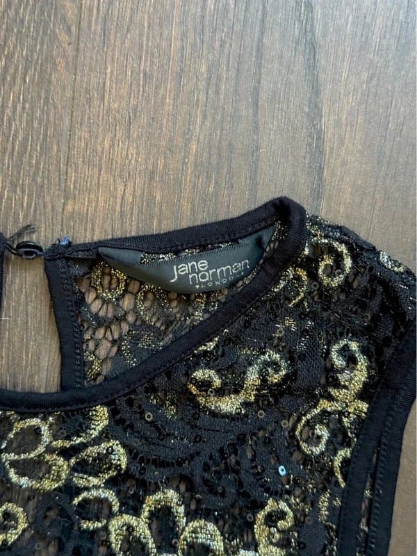 Jane Norman Vintage 2000s Jane Norman fitted black and gold sequin lace top - UK 6