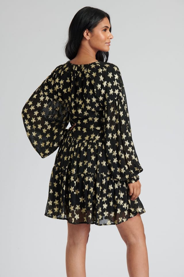 Finding Friday Finding Friday Women's Metallic Star Long Sleeve Short Dress in Black - 3