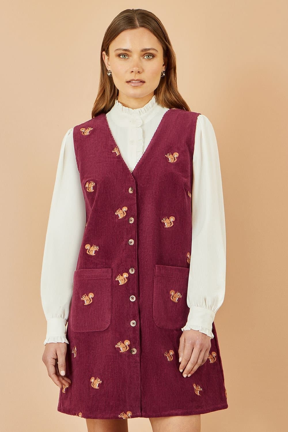 Yumi Yumi Women's Burgundy Squirrel Embroidered Button Up Pinafore Dress