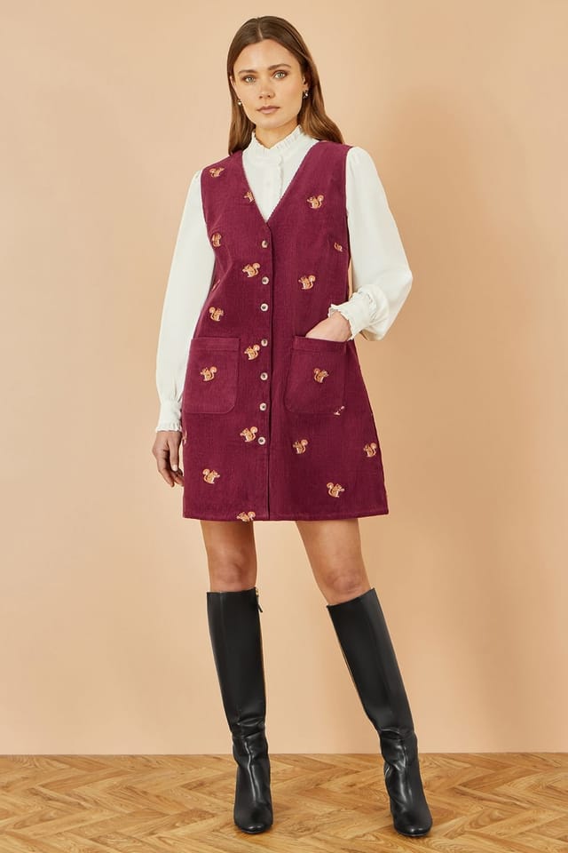 Yumi Yumi Women's Burgundy Squirrel Embroidered Button Up Pinafore Dress - 2