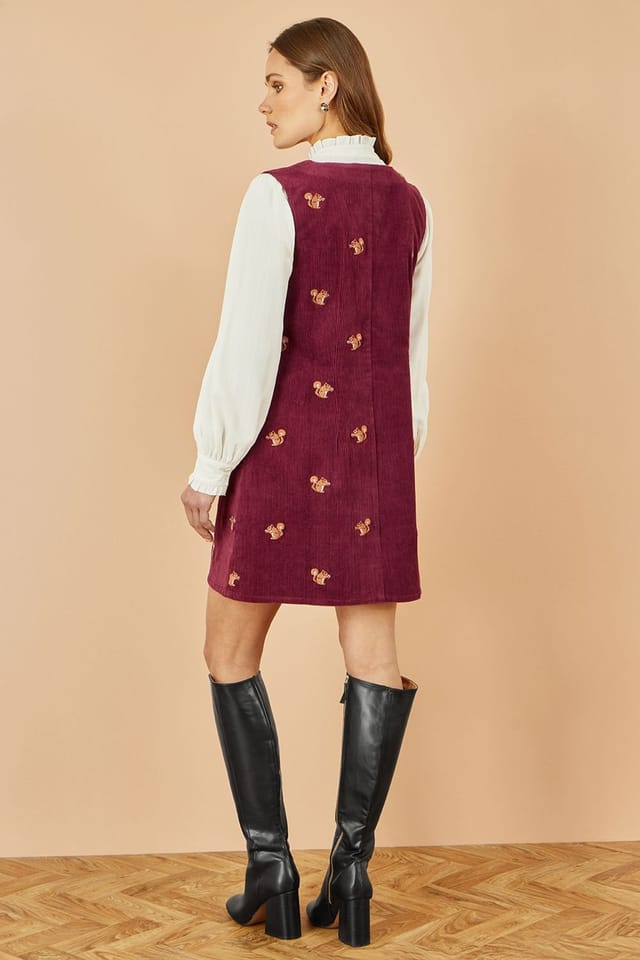 Yumi Yumi Women's Burgundy Squirrel Embroidered Button Up Pinafore Dress - 3
