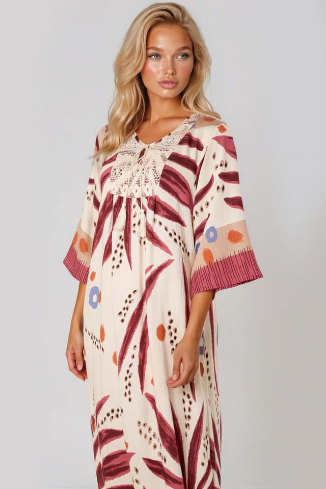 Aftershock London Aftershock London Women's Crochet Detail Beach Kaftan in Coral - 2