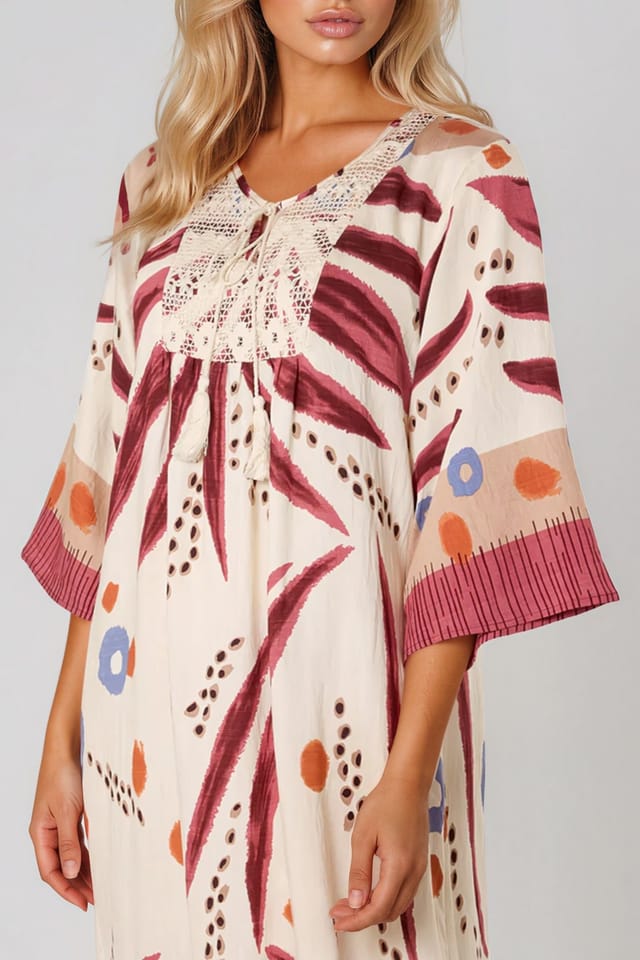 Aftershock London Aftershock London Women's Crochet Detail Beach Kaftan in Coral - 3