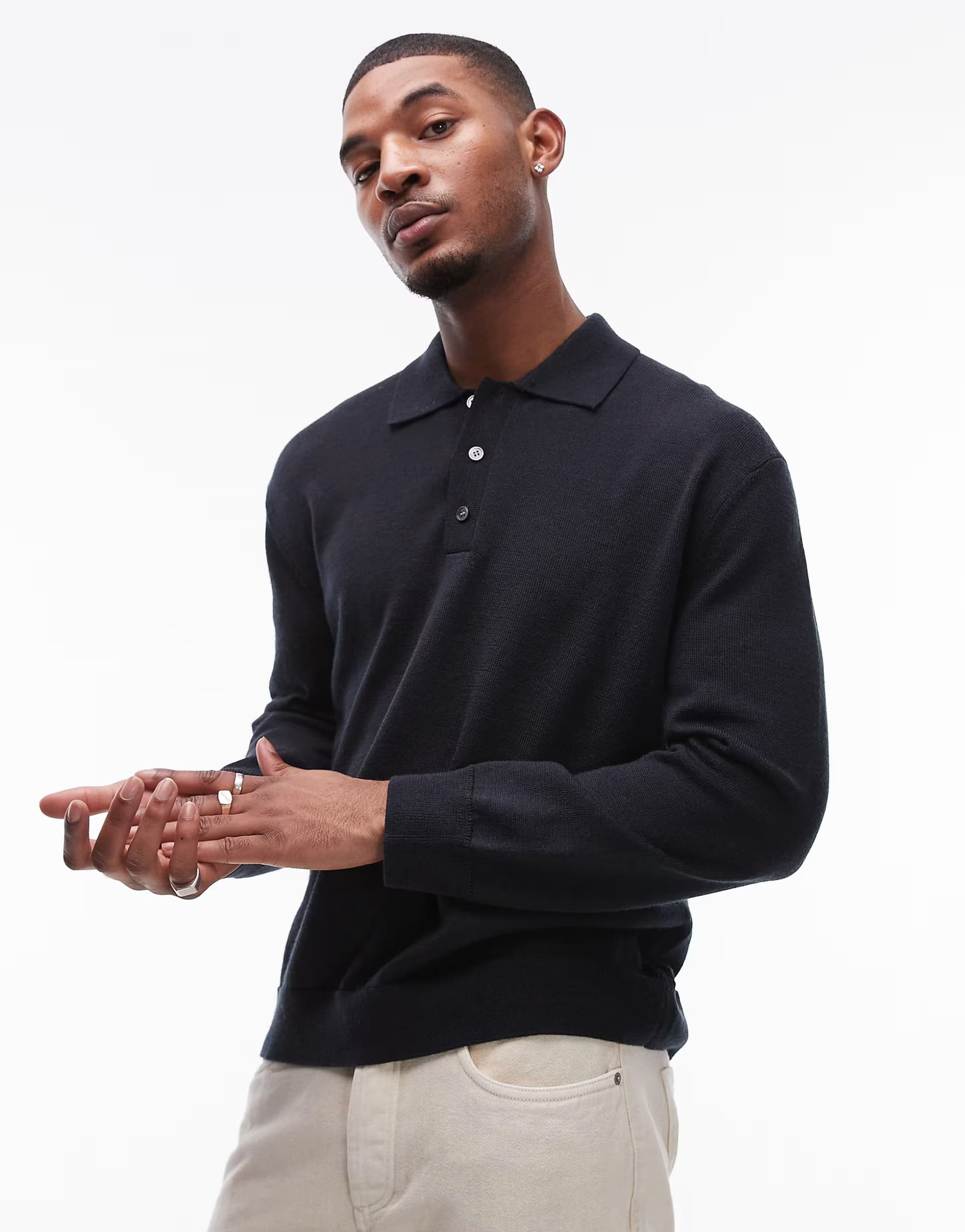 ASOS ARKET merino wool knitted  long sleeve polo shirt in navy