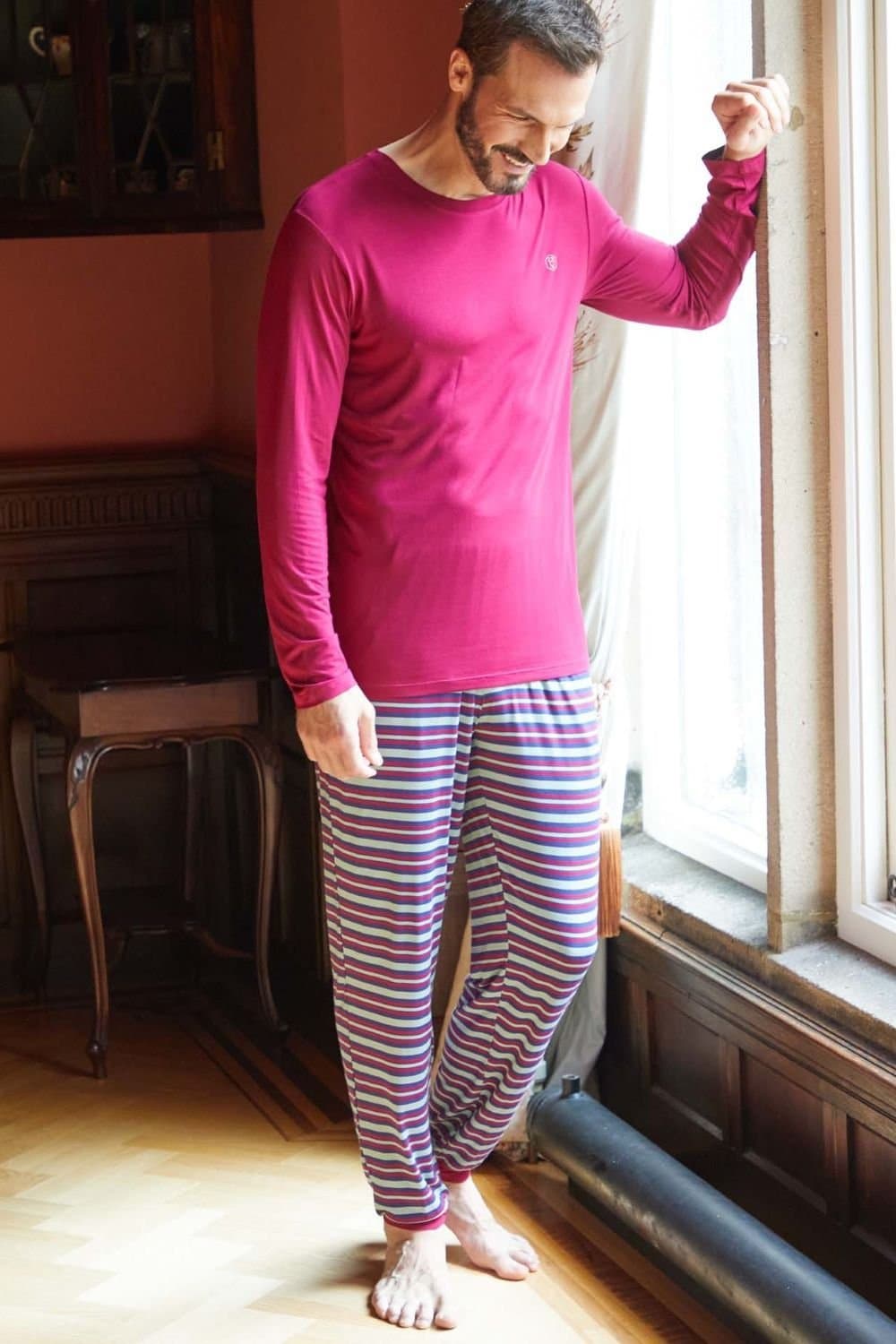 British Boxers British Boxers Men's "Forest Berry" Stripe Bamboo Pyjama Set in Red