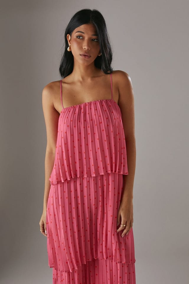 Warehouse Warehouse Women's Chiffon Pleated Tier Strappy Midi Dress in Pink - 2