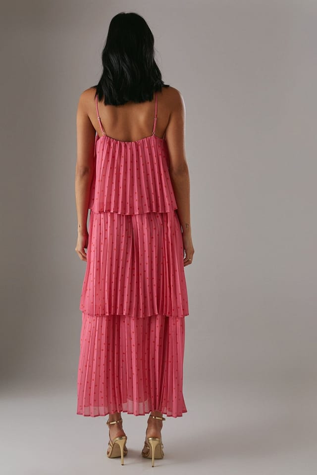 Warehouse Warehouse Women's Chiffon Pleated Tier Strappy Midi Dress in Pink - 3