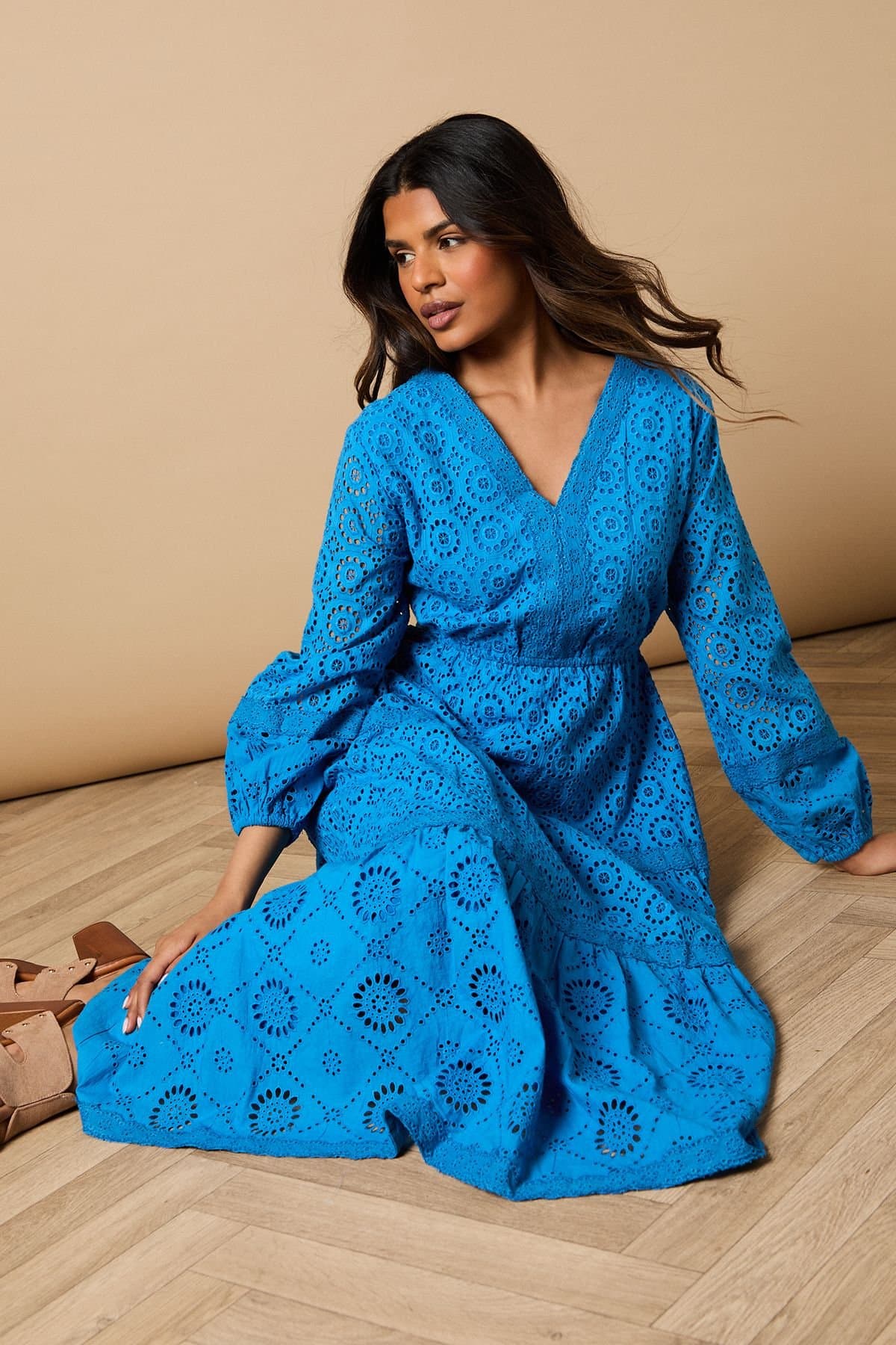 Oasis Oasis Women's Petite Broderie Trim Detail Puff Sleeve Midi Dress in Cobalt