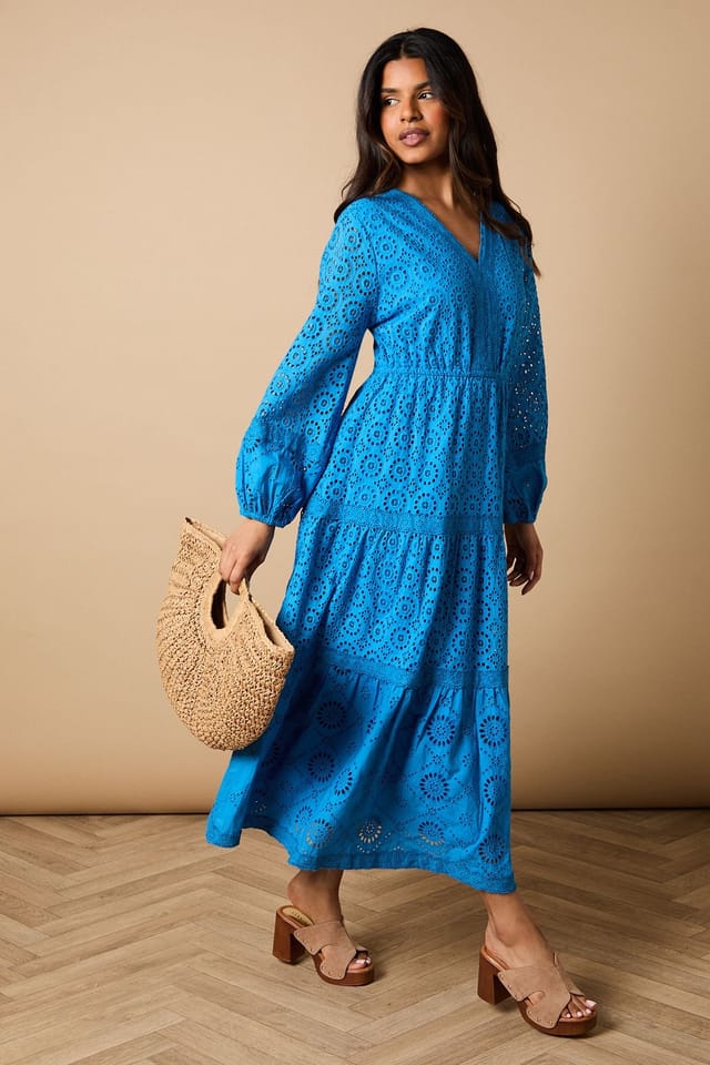 Oasis Oasis Women's Petite Broderie Trim Detail Puff Sleeve Midi Dress in Cobalt - 2