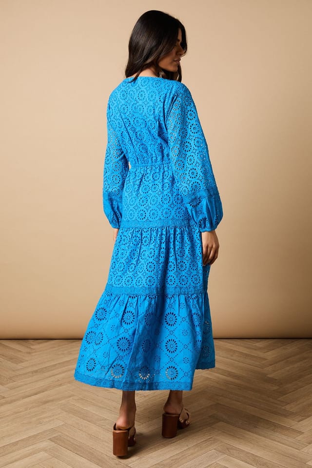 Oasis Oasis Women's Petite Broderie Trim Detail Puff Sleeve Midi Dress in Cobalt - 3