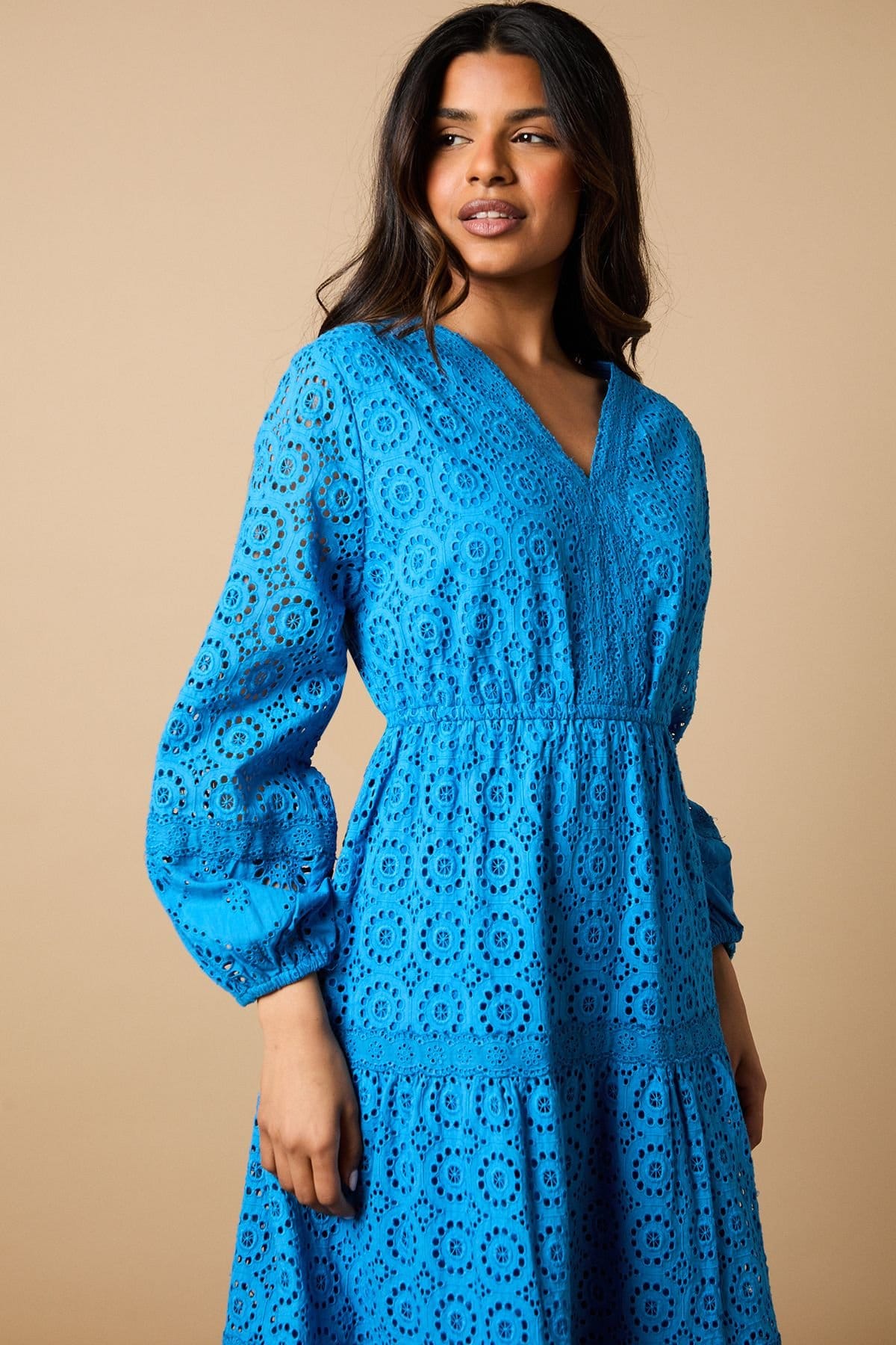 Oasis Oasis Women's Petite Broderie Trim Detail Puff Sleeve Midi Dress in Cobalt - 4