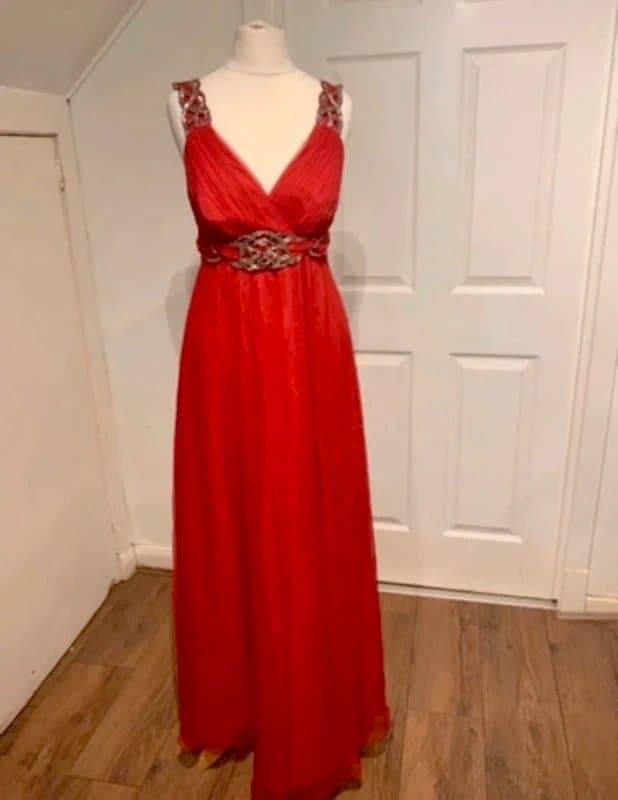 Monsoon Red silk designer long dress sequin glitter cami strappy wrap floaty beaded sparkly
