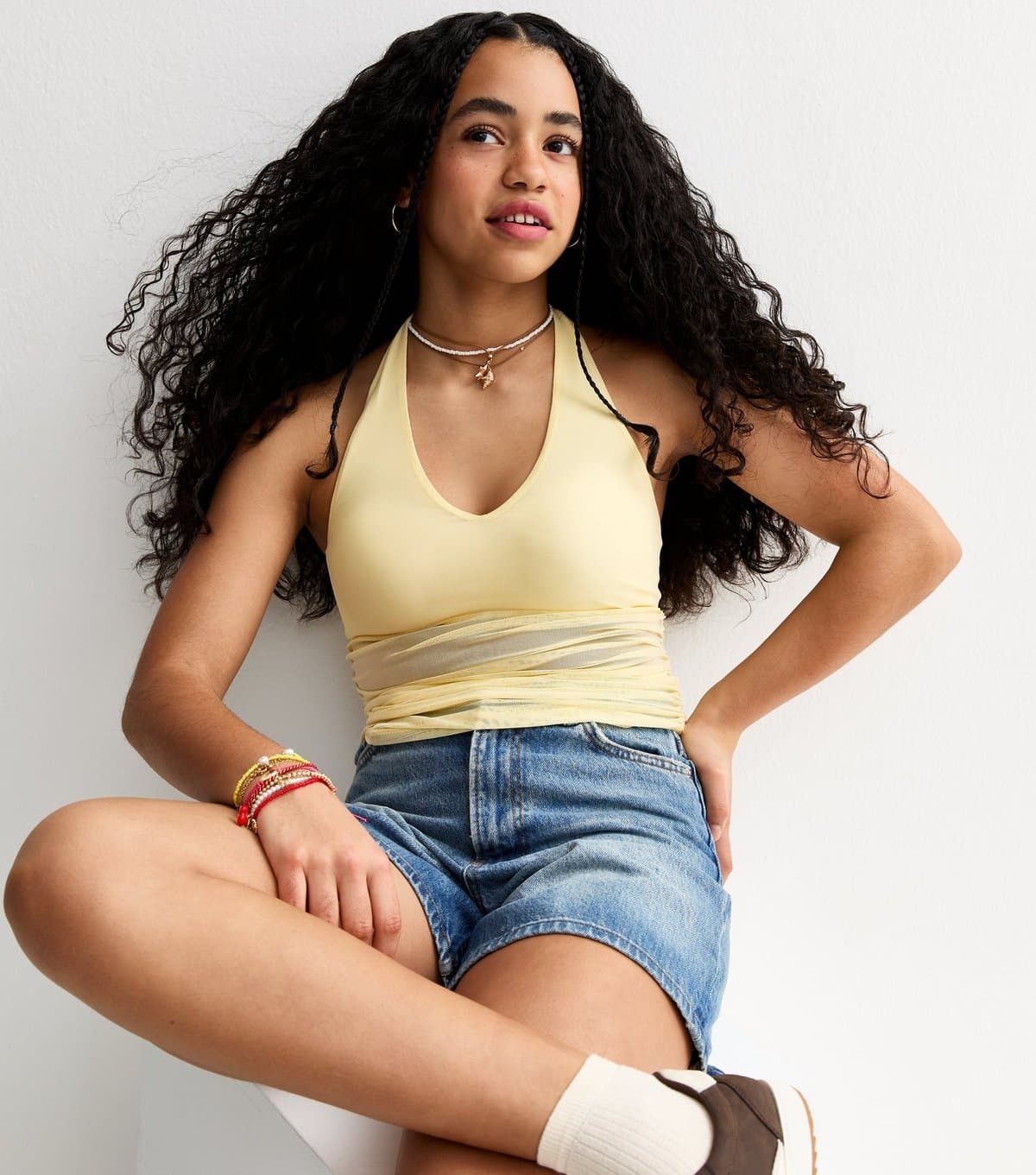 New Look New Look Light Yellow Mesh Ruched Side Halter Top